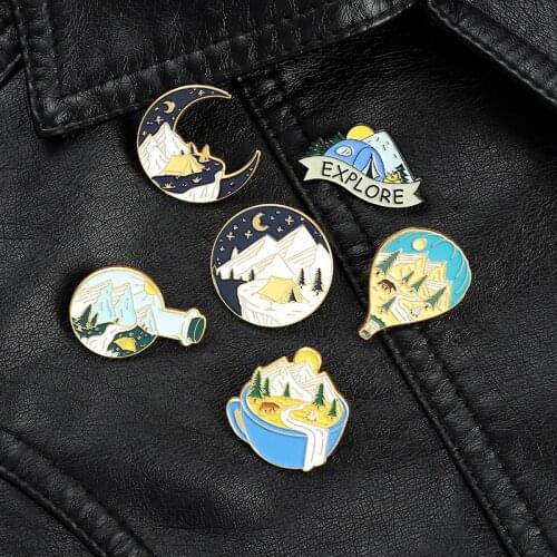 Mountain Peak And Tent Lapel Pins Cute Enamel Badges Fashion Cartoons Anime Brooches For Women Decorative Hijab Pins For Clothes