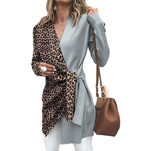 BAMBOOBOY Women Autumn Winter Elegant Fashion V Neck Leopard Tie Patchwork Casual blouse FC761