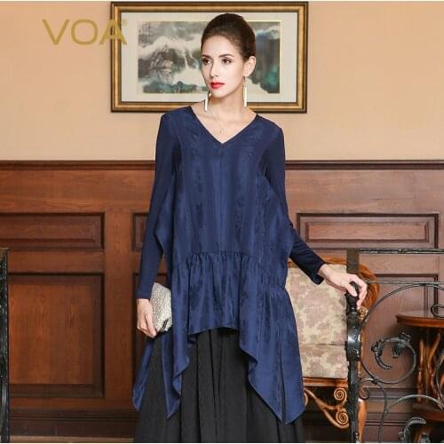 Voa Autumn Navy Blue Long Sleeve Loose v Neck Plus Size Sexy Silk Fashion Simple Tops Bla00601 t Shirt Women
