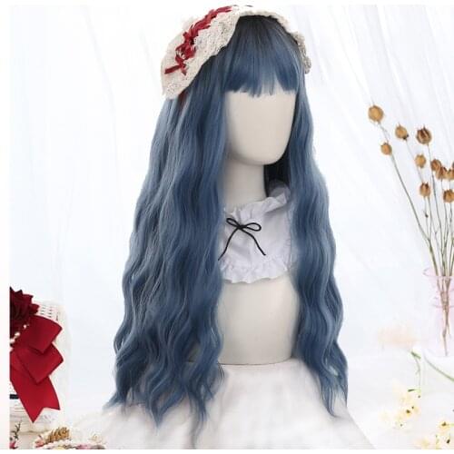 LANLAN Long Water Wave Black Gradient Blue High Temperature Wig For Women Lolita Cosplay Party Daily Wigs With Bangs