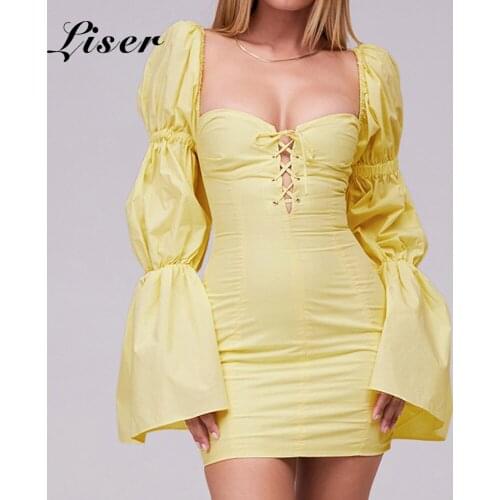 Liser 2021 New Summer Women Dress Strapless Lace Up Puff Sleeve Mini Dress Elegant Sexy Club Celebrity Party Dresses Vestidos