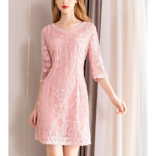 2021 new Runway Spring Women Office Lady Floral sexy dress ladies Embroidery Party Dress Plus Size V Neck Pink dresses Summer