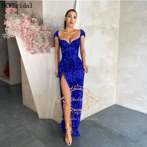 New Royal Blue Long Evening Dress With High Slit Sweetheart Floor Length Sparkly Sequin Occasion Dresses Plus Size Prom Gowns