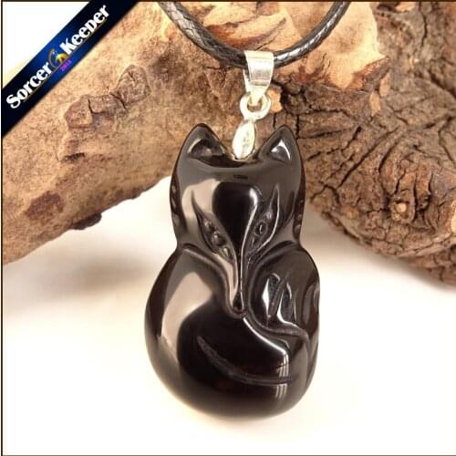 1 PCS Hand Carved Fox Men Jewelry Black Natural Obsidian Stone Pendant Necklace Wholesale Fashion Crystal Beads BS22