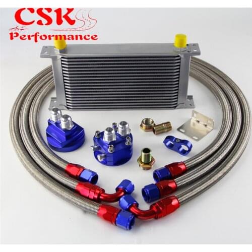 19 Row AN10 Universal Engine Transmission Oil Cooler British Type + Filter Adapter Kit Blue