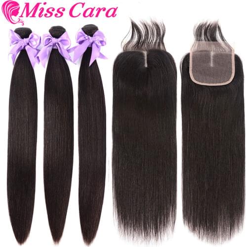 3 Pcs/Lot Malaysian Straight Hair With Closure 100% Human Hair 3 Bundles With Middle/Free Part Closure Miss Cara Remy Hair