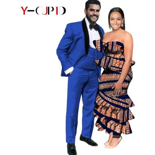 African Dresses for Women Print Ruffles and Skirts Sets Matching Men Outfits Jacket Vest and Pants Sets Wedding Party Y21C014