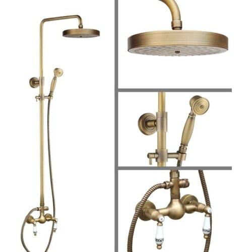 Antique Brass Wall Mounted Bathroom Rain Shower Faucet Shower Head Set Mixer Tap Dual Ceramic Handles Levers man104