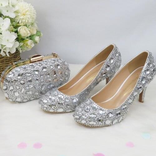 BaoYaFang Silver Crystal women wedding shoes with matching bag Bride High heels ladies party dress shoes woman Round Toe Pumps