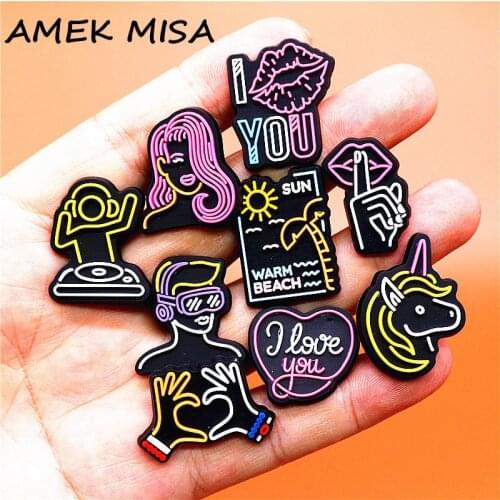 Freeshipping 1pcs Neon Series Shoe Charms Heart Girl DJ Unicorn PVC Shoe Accessories Decoration Fit Croc Jibz Party Kids Gifts