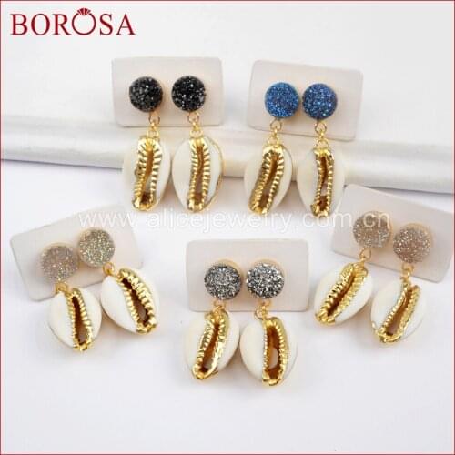 BOROSA 5Pairs Gold Color 10mm Round Titanium Rainbow Druzy With Cowrie Shell Drop Earrings Gems Dangle Earrings Jewelry G1562