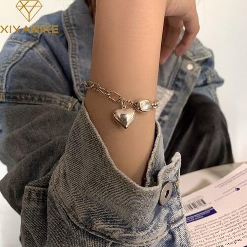 XIYANIKE 925 Sterling Silver Big Love Heart Bracelet Female Simple Retro Temperament Hip-hop Retro Fashion Jewelry Birthday Gift