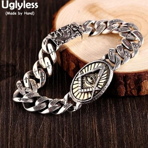Uglyless Rock HIP HOP Guys Wide Chains Bracelets for Men Eye of God Medal Bracelets 925 Silver PUNK Exaggerated Jewelry Twisted