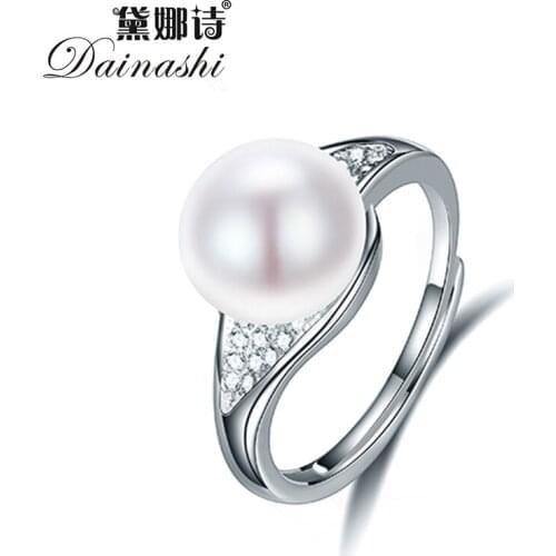 Dainashi 100% Genuine Freshwater Cultured Pearl Ring Fashion 925 Sterling Silver Lightning Zircon Crystal Adjustable Ring Women
