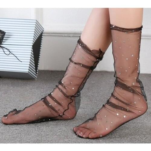 Womens Harajuku Candy Colors Glitter Stars Moon Socks Lady Transparent Mesh Shiny Stars Moon Fishnet Socks Hosiery Sox