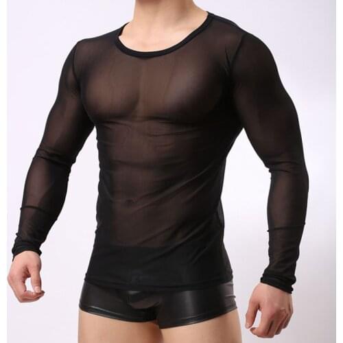 Sexy Mesh Undershirts Long Sleeve Transparent Sheer Shirts Slip Homme Ultra-thin T Shirts Sports Fitness Gay Top Tee Underwear