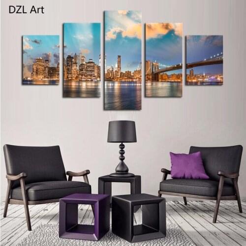 5 Panels(No Frame) City and Bridge Picture Modern Wall Decor Print on Canvas Oil Painting Canvas Painting for Christmas Gift