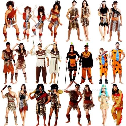 Halloween Adult Aboriginal Indian Primitive Man Party Cosplay Costume Women Men Leopard Viking Savage Robes Dress Stage Suit Set