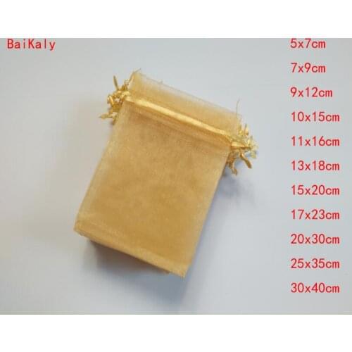 100pcs/lot Small & Large Gold Organza Bags Candy Gift Bags 11 Size Wedding Party Favor Pouch Christmas Decoration Packaging Bags