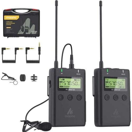 MAONO 48-Channels UHF Wireless Microphone System Lavalier Lapel Mic with -10dB Attenuation for DSLR Camcorders Smartphone WM730