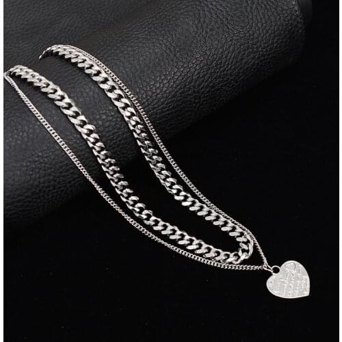 Fashion new heart layered pendant necklaces for men punk stainless steel long necklace hip hop jewelry