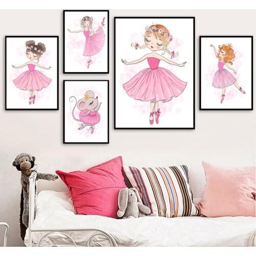 Cartoon Ballet Girl Flower Crown Mouse Swan Wall Art Canvas Painting Nordic Posters And Prints Wall Pictures For Kids Room Decor