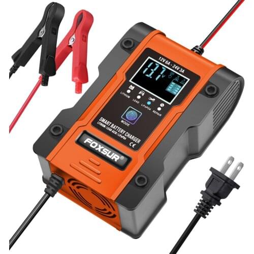 FOXSUR 6A Fully-Automatic Smart Charger, 12V 24V Battery Charger, Battery Maintainer, Battery Desulfator AGM GEL WET Lithium