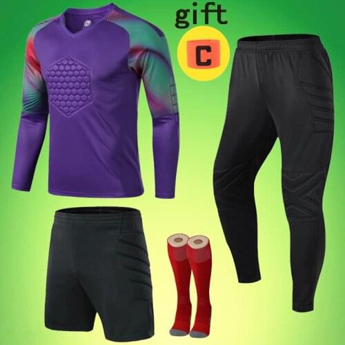 High Quality Men Long Sleeve Football Goalkeeper Jersey Kids Goalkeeper Jersey Kit Long Pant Short Shorts with Sponge Protection