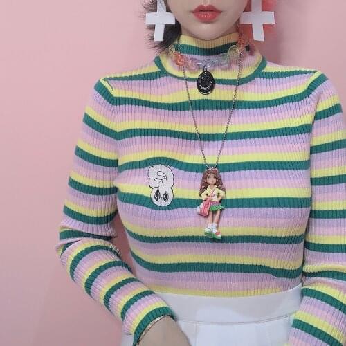 Japanese stripe rainbow embroidery cartoon High Neck Sweater Girls soft girls knitting base sweaters