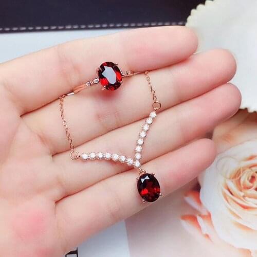 Anniversary Best Gift Natural real red garnet luxury style jewelry set 1pc ring 1pc Pandant 925 sterling silver