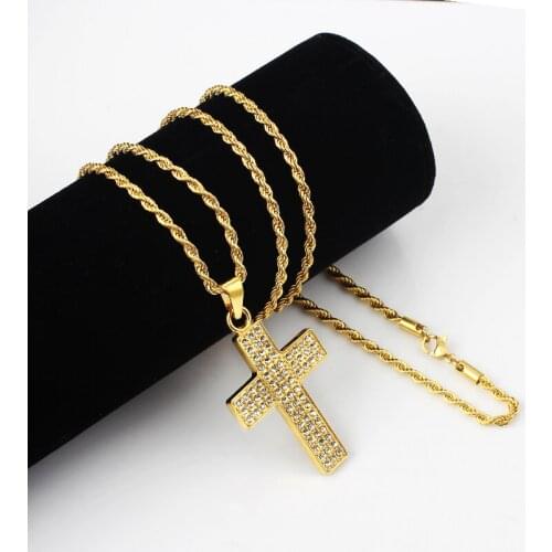 Factory Fashion Stainless Steel Cross Golden Color Necklaces for Women Men Vintage Chains Crystal Pendant Long Necklaces Jewelry