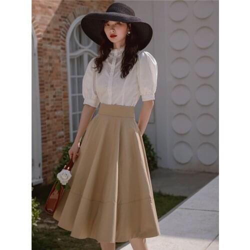 2021 High Quality Spring Women 2 Piece Set White Lace Patchwork Puff Sleeve Shirt Top+High Waist Khaki Long Skirt Set