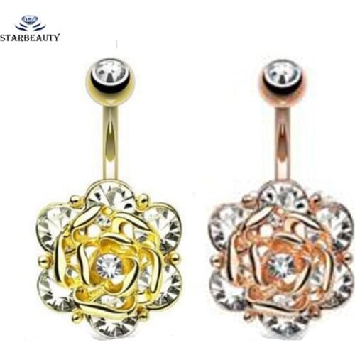 New 2 Color Rose Flower Body Jewelry Women Ring On Navel Belly Button Piercings Bien Red Crystal Summer Sexy Bikini Bijoux