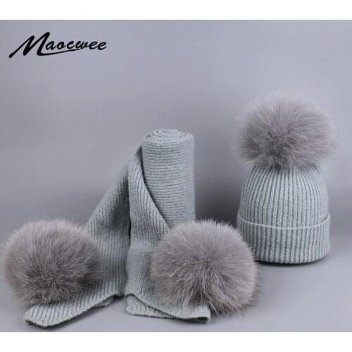 Winter Real Fur Pompom Hat For Women Cashmere Wool Cotton Hat Big Real Fox Fur Pom Pom Beanies Scarf Cap Bobble Hat Skullies