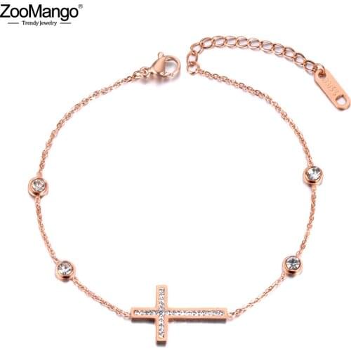 ZooMango Trendy Clay Crystal Cross Charm Bracelets For Women Stainless Steel CZ Link & Chain Bracelet For Christmas Gift ZB19044