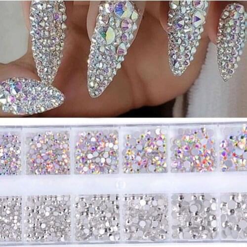 12 Grids Colorful Crystal Nail Art Rhinestones Glass Nail Stones Beads Studs Flat Back Shiny Tips 3D Nails Art Decorations