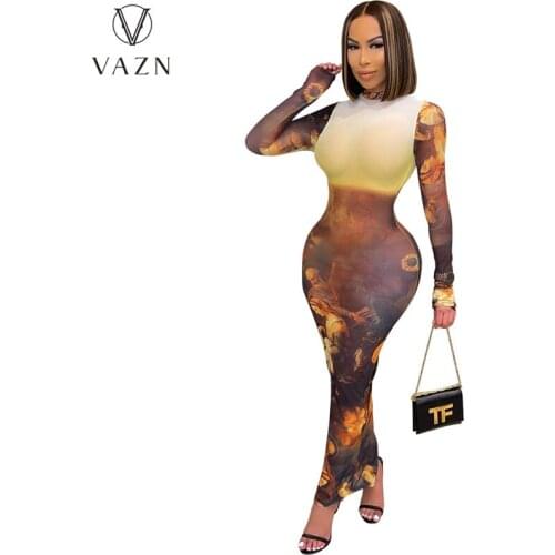 VAZN 2021 Autumn Full Sleeve Vintage Young Sexy Floor-length Evening Thin Dress Women Dress Slim Dress Club Shinny Dress