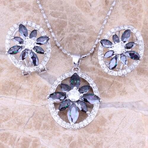 Angelic Rainbow Cubic Zirconia White CZ Silver Plated Earrings Pendant Necklace Jewelry Sets S0733