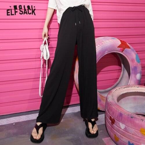 ELFSACK Solid Pure High Waist Straight Casual Women Wide Leg Pants 2021 Summer Minimalist Korean Ladies Daily Basic Trouser