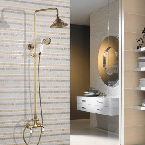 Dual Ceramics Levers 7" inch Round Bathroom Antique Brass Wall Mount Rain Shower Handshower Faucet Set Mixer Tap aan110
