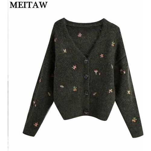 Women Winter Cardigan Vintage Long Sleeve V-neck Kint Sweater Tops 2021 Vintage Loose Ribbed Embroidery Outerwear