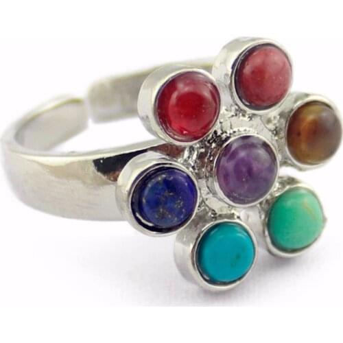 Women Natural Amethysts Beaded Stone Ring Vintage Hollowed Flower Shape Adjustable Cuff Rings Rainbow 7 Chakra Reiki Stone Rings