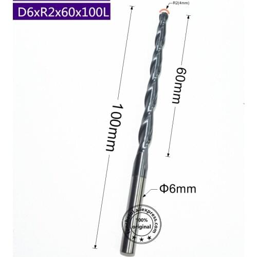 HRC55 solid carbide D6*R2*60*100L TiALN Coated Taper Ball Nose End Mill,cone milling cutter,Spherical woodworking router bit