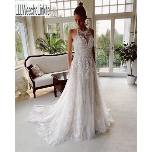 Ivory Lace Floor-Length A-Line Wedding Dresses Chapel Train Halter Sleeveless Bridal Gowns Custom Made