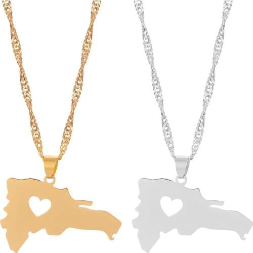 Stainless Steel Dominican Republic Map Pendant Necklaces Heart Choker Women Gold Silver Plated Map Necklaces for Dominican