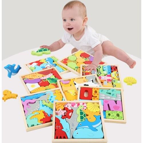 Jigsaw Puzzle Toys Early Education Hand Grasping Board Cartoon Animal 3D Three-Dimensional Wooden Puzzle Toy For Children