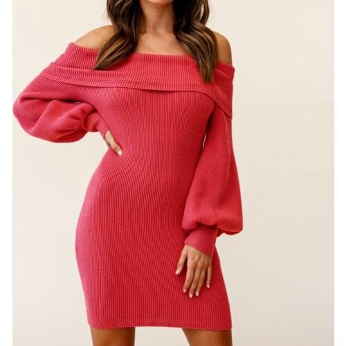 Spring and Autumn Long Sleeve Pencil Mini Dress Women Knitted Strapless Red Sexy Party Dress Fashion Ladies Clothes Vestidos