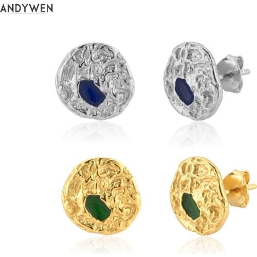 ANDYWEN 925 Sterling Silver Geometric Green Blue Stud Earring Wedding Fashion Pave Fashion Luxury Party Jewelry 2020 Clips