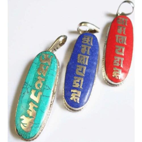 TBP308 Tibetan Mantras Amulets Pendants Copper inlaid Colorful Stone OM MANI PADME HUM