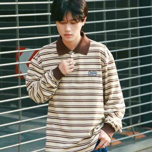 Harajuku Streetwear Green Striped POLO Shirt Sweatshirt Oversize Long Sleeve Tops 2021 Autumn New Fashion Clothes for Teens Ins